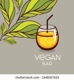 Orange smoothie with leaves decoration. Vector Template for vegan bar menu. Healthy food.