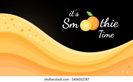 Orange smoothie logo fruit cocktail flat vector illustration. Smoothie logo on black background, wavy splash orange smoothies cocktail or ice cream portion for fitness landing page concept.