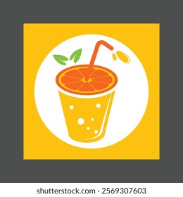 An orange smoothie or milkshake with a straw and orange slices in a yellow circular frame