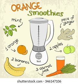 Orange smoothie recipe. Vector illustration with blender products.