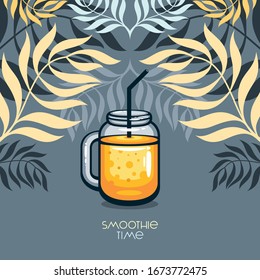 Orange Smoothie with trendy tropical leaves frame. Vector template for menu design, detox meal and raw food.
