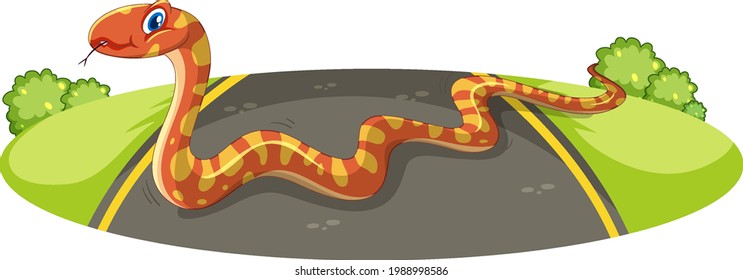 Orange snake across the road isolated illustration