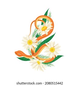 Orange snake coiled around chamomile flowers vector illustration
