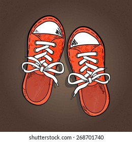 orange sneakers with white lake isolated on brown textured background, sketch, vector illustration