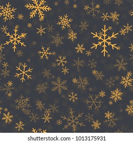 Orange snowflakes seamless pattern on grey Christmas background.