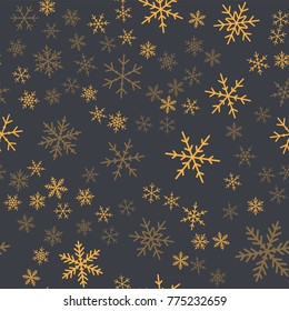 Orange snowflakes seamless pattern on grey Christmas background.