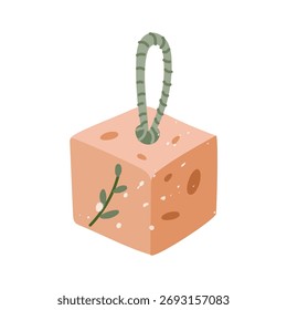 Orange soap cube with branch and loop. Handmade. Flat illustration with white noise splashes. Bright illustration. Perfect eco-friendly cosmetics, spa, wellness, packaging design, presentation
