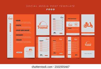 Orange social media template design with foods menu. Restaurant template design in orange colors. Good template for online advertisement design