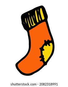 the orange sock icon. hand-drawn orange sock with yellow in the style of doodles, with a black outline side view for a design template