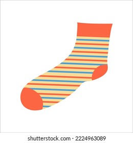 Orange sock with multi-colored stripes on white background. Vector isolated image for use in clipart or web design