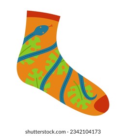 Orange sock with snake pattern vector illustration. Cartoon drawing of colorful sock for children and adults isolated on white background. Fashion, accessory, clothes concept