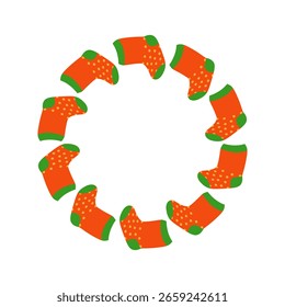 Orange Socken Kreis Rahmen. Cartoon Muster aus Polka Dot Socken im flachen Vektorstil
