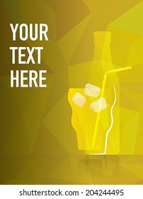 Orange soda bottle and glass with ice cubes and straw on a colorful background with copy space. Text and illustration on separate layers. Fully scalable vector illustration.