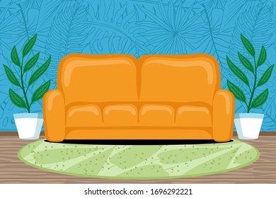 Orange sofa with carpet in the room.  