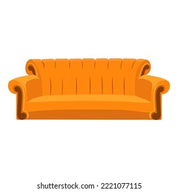 Orange sofa from Central Perk, soft settee for home. Cozy interior of a cafe, lounge, friends, family evening. TV series, sitcom. Stock vector illustration on white background.