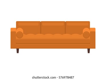 Orange Sofa. Icon Of Furniture For An House Interior, Living Room: Classic Or Modern And Vintage Cozy Couch. Vector Flat Colorful Illustration Isolated On White Background.