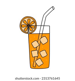 Orange soft drink, juice or summer cocktail with ice cubes in glass, doodle style vector