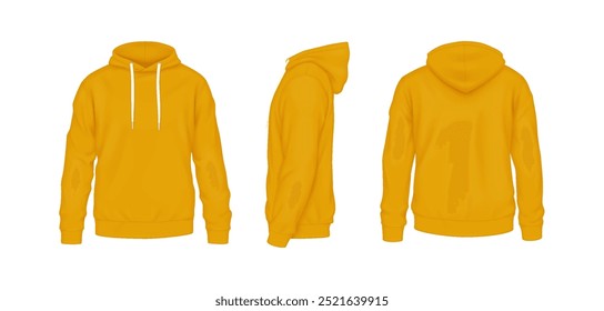 Sudaderas con capucha suaves naranjas con diseño de maqueta conjunto de Ilustración vectorial realista. Equipo deportivo del color de la mostaza con los modelos 3D de la Plantilla del logotipo en el fondo blanco