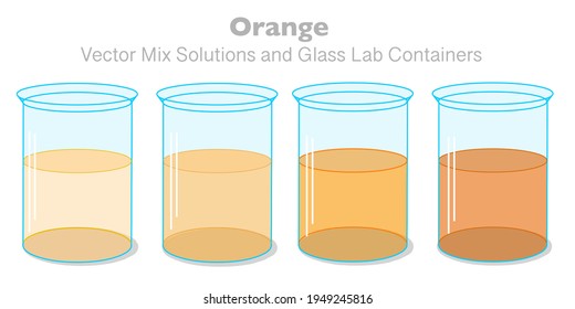 Orange Solution Stages. Light Yellow To Dark Orange Color Fluid Gradual Transition In Flask. Liquid In The Glass Lab Beaker, Container. Beer, Whiskey, Urine Test. Transparency Shiny Glassware. Vector