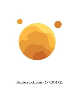 Orange space planet and asteroids icon or symbol, flat cartoon vector illustration isolated on white background. Universe exploring and astronomical topic element.