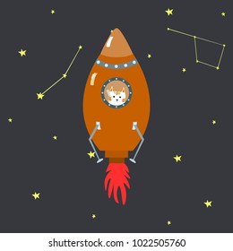 Orange space ship with cute ginger cat doodle style with constellation vector illustration