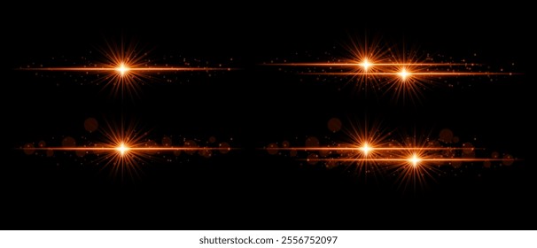 Orange sparkle effect set. Radiant golden beams, glowing light bursts, glittering particles, shimmering streaks, and decorative highlights for elegant designs, festive themes, and luxurious accents