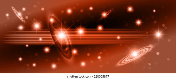 Orange sparkling background with stars in the sky and blurry lights, illustration. Abstract, Universe, Galaxies.