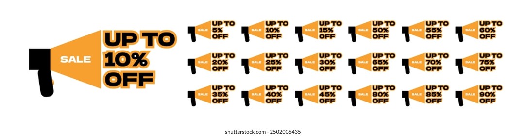 Orange speaker announcing that there are offers of up to 5%, 10%, 15%, 20%, 25%, 30%, 35%, 40%, 45%, 50%, 55%, 60%, 65%, 70%, 75%, 80%, 85%, 90% off.