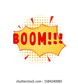orange speech bubble with text BOOM. popular sign super power shock for hero book. concept of surprise effect or expression of emotions explosion. simple graphic sticker isolated on white background