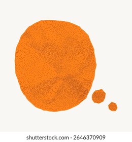 Orange speech bubble with vintage feel on white background. Crumpled notebook paper, rough torn border, gritty dotted surface, halftone overlay.