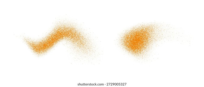 Polvo de especias de naranja salpica. Copos de comino y curry esparcidos en la superficie. Las partículas de condimento de masala voladoras estallan. Polvo de arena y suciedad de pilas texturizadas. Explosión seca y picante. Ilustración vectorial