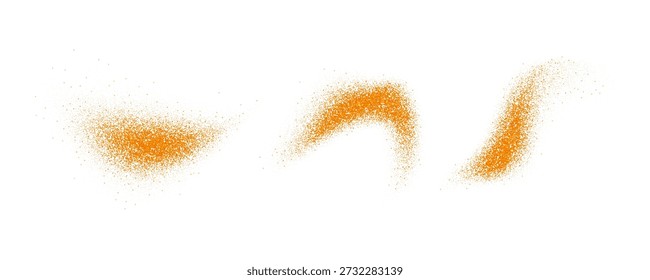 Salpicaduras de especias de naranja en polvo. Copos de comino o curry esparcidos en la superficie. Estallan partículas de sazonador de masala volador. Explosión seca y picante. Polvo de arena y suciedad con pilas texturizadas. Ilustración vectorial