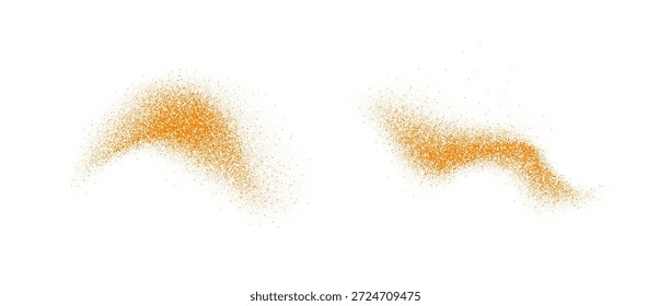 Polvo de especias de naranja salpica. Las partículas de condimento de masala voladoras estallan. Polvo de arena y suciedad de pilas texturizadas. Copos de comino y curry esparcidos en la superficie. Explosión picante seca. Ilustración vectorial