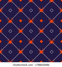 arañas naranjas con líneas diagonales en un fondo azul. Fondo de Halloween sin foco. Diseño de embalajes, textiles 