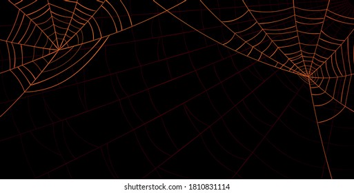 Orange spiderweb in corners and red spiderweb behind. Without spiders. Black background. Vector illustration.