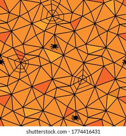 Orange spiderwebs and spiders seamless vector pattern. Decorative halloween surface print design for fabrics, stationery, textiles, gift wrap, home decor, and packaging.