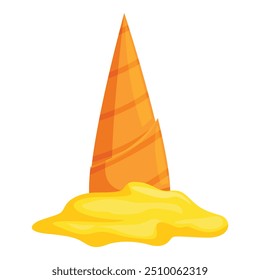 Orangefarbene Spiralmuschel, die aufrecht auf Strandsand steht, erinnert an die Schönheit des Ozeans