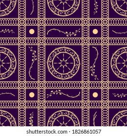 orange spiral stripes, art circles of plant elements, smoothly curved branches with leaves are arranged in a certain order on a purple background. luxury royal seamless pattern. vector