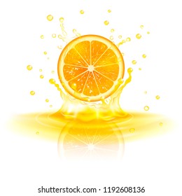 orange in a splash of juice on a white background