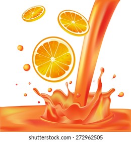 orange splash of liquid with pieces of fruit - vector illustration isolated on white background