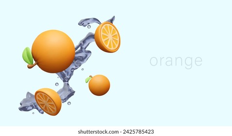 Naranja en salpicaduras de agua clara. Frutas enteras y mitades