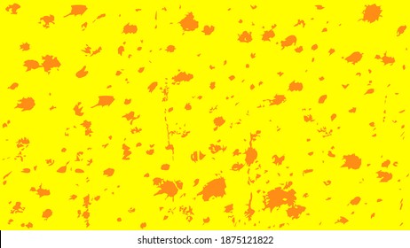 Orange splashes on yellow background. Dried red blobs in messy creative dash stains dirt in bright sunlight vector light.