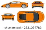 Orange sports car vector template, simple colors without gradients and effects. View from side, front, back, and top