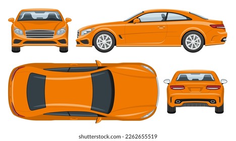 Plantilla vectorial de coches deportivos de color naranja con colores simples sin gradientes y efectos. Vista desde un lado, frente, atrás y superior