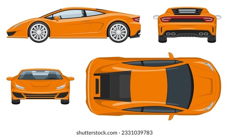 Orange sports car vector template, simple colors without gradients and effects. View from side, front, back, and top
