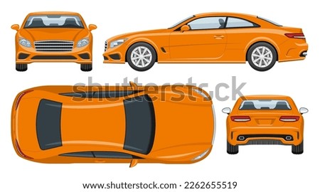 Orange sports car vector template with simple colors without gradients and effects. View from side, front, back, and top