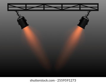 Orange Spotlight. Two black stage lights mounted on a truss, casting bright beams, theatrical lighting effect, performance scene, illumination, event setup, focused light projection, wallpaper