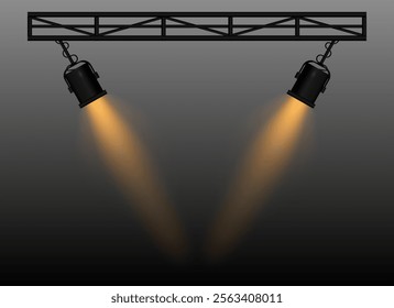 Orange Spotlight. Two black stage lights mounted on a truss, casting bright beams, theatrical lighting effect, performance scene, illumination, event setup, focused light projection, wallpaper