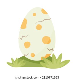 Orange spotted dinosaur egg on the grass. Little dinosaur birthday. Blue spots. Vector illustration isolated on white background