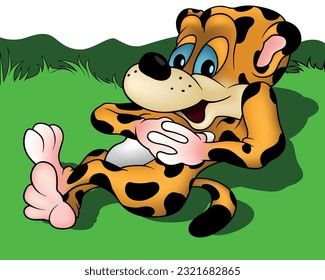 Orange Spotted Leopard with Blue Eyes Relaxing on the Ground - Colored Cartoon Illustration with Background, Vector